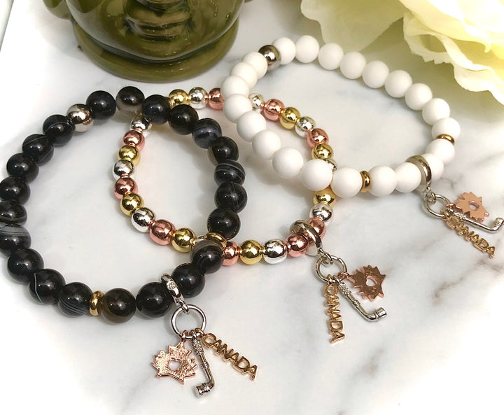 'HOCKEY Mama' - Hockey Fan - Tri-tone Dangle Charm & Gemstone Bracelet- Choice of Gemstone