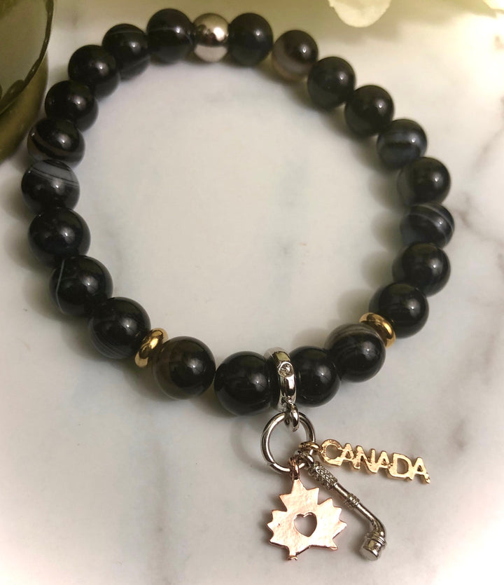 'HOCKEY Mama' - Hockey Fan - Tri-tone Dangle Charm & Gemstone Bracelet- Choice of Gemstone