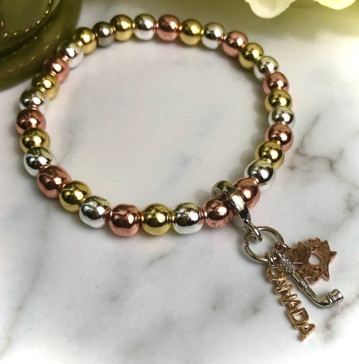 'HOCKEY Mama' - Hockey Fan - Tri-tone Dangle Charm & Gemstone Bracelet- Choice of Gemstone