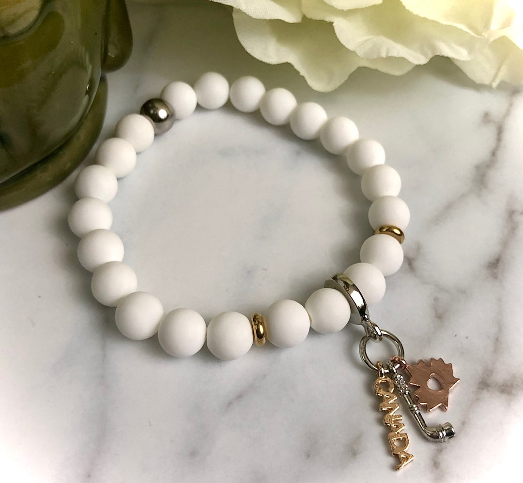 'HOCKEY Mama' - Hockey Fan - Tri-tone Dangle Charm & Gemstone Bracelet- Choice of Gemstone