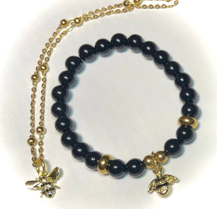 'QUEEN BEE' - Gold Stainless Steel & Gemstone- Satellite Chain Necklace & Bracelet SET- Sold Separately or as a SET