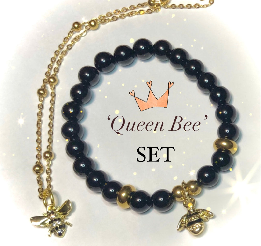'QUEEN BEE' - Gold Stainless Steel & Gemstone- Satellite Chain Necklace & Bracelet SET- Sold Separately or as a SET