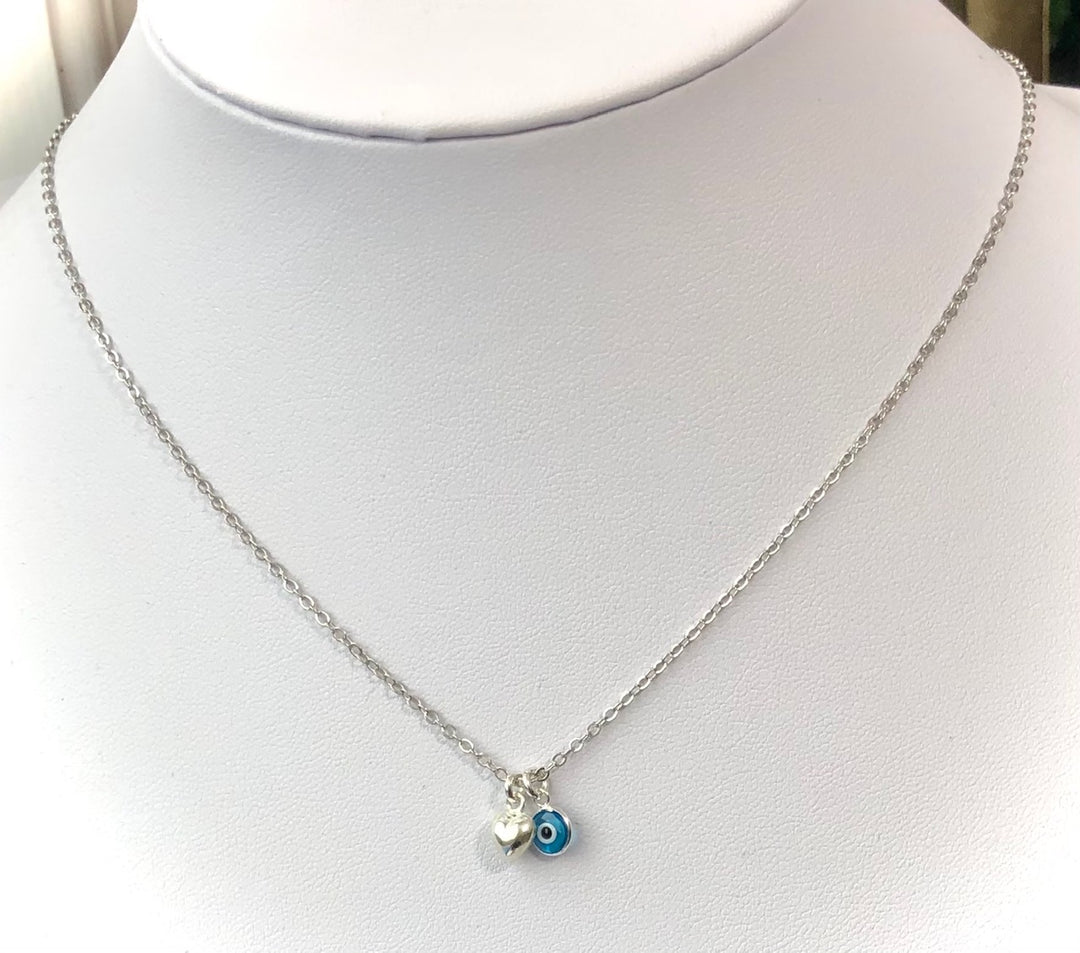 Dainty Evil Eye & Puffy Heart - 18k White Gold Overlay on Sterling Silver Necklace - Protection Necklace - Choice of Color