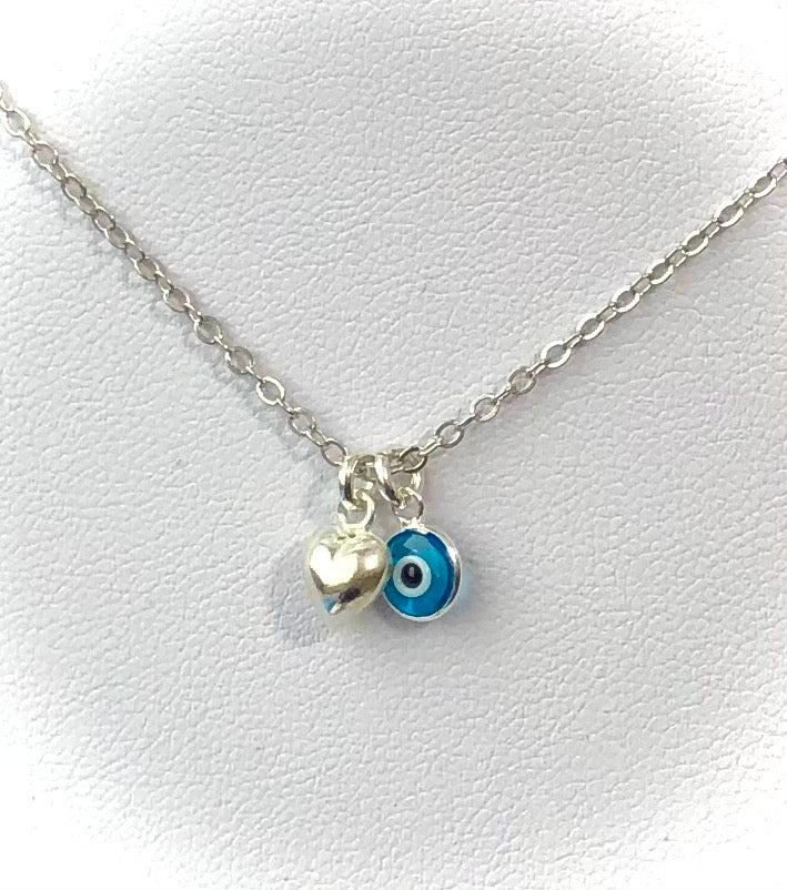 Dainty Evil Eye & Puffy Heart - 18k White Gold Overlay on Sterling Silver Necklace - Protection Necklace - Choice of Color
