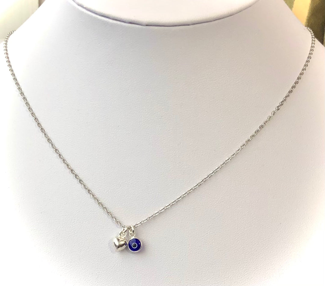 Dainty Evil Eye & Puffy Heart - 18k White Gold Overlay on Sterling Silver Necklace - Protection Necklace - Choice of Color