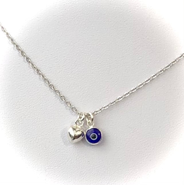 Dainty Evil Eye & Puffy Heart - 18k White Gold Overlay on Sterling Silver Necklace - Protection Necklace - Choice of Color
