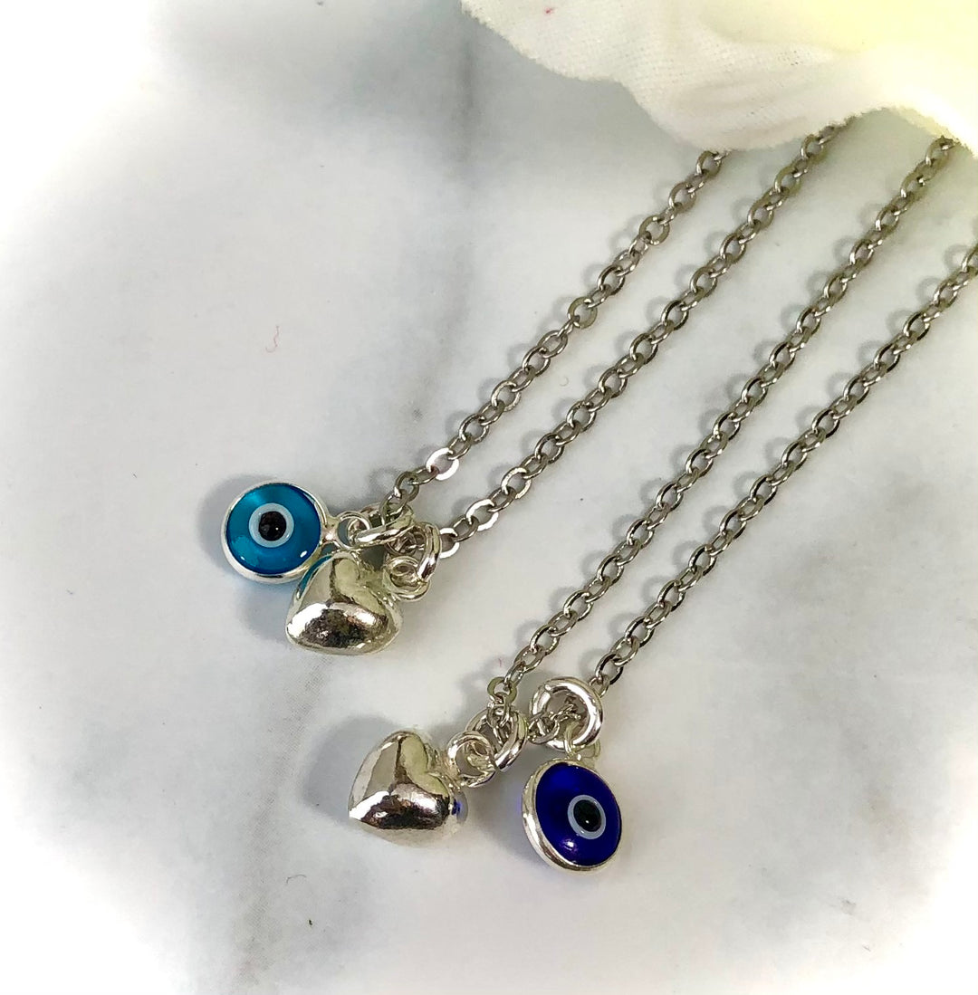 Dainty Evil Eye & Puffy Heart - 18k White Gold Overlay on Sterling Silver Necklace - Protection Necklace - Choice of Color