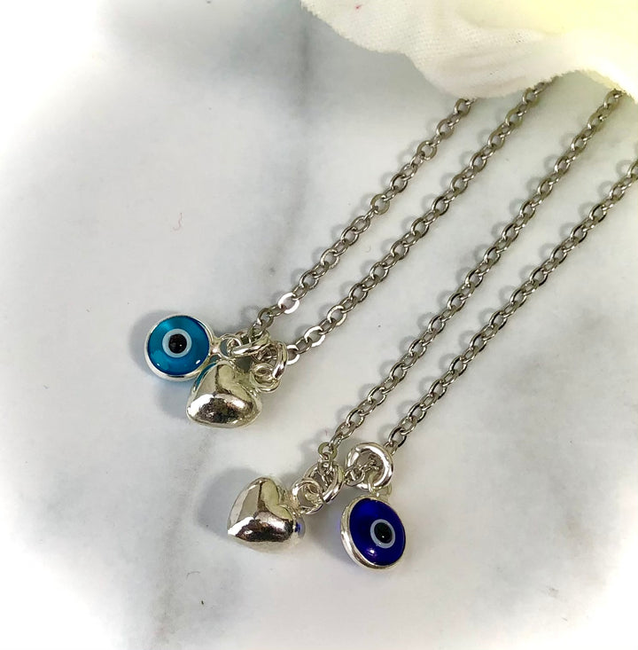 Dainty Evil Eye & Puffy Heart - 18k White Gold Overlay on Sterling Silver Necklace - Protection Necklace - Choice of Color