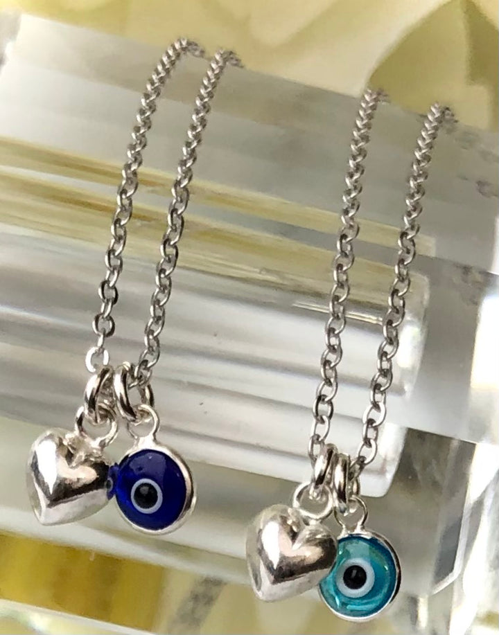 Dainty Evil Eye & Puffy Heart - 18k White Gold Overlay on Sterling Silver Necklace - Protection Necklace - Choice of Color