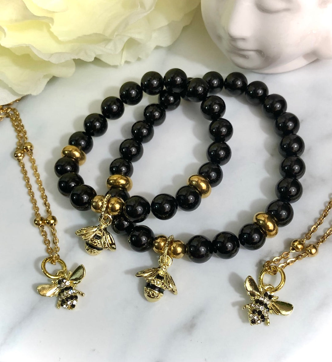 'QUEEN BEE & HER MINI-ME' - Pavé Gold Necklace and Onyx Bracelet Set- Mom & Me Set- Stainless Steel Satellite Chain - Set Options Available