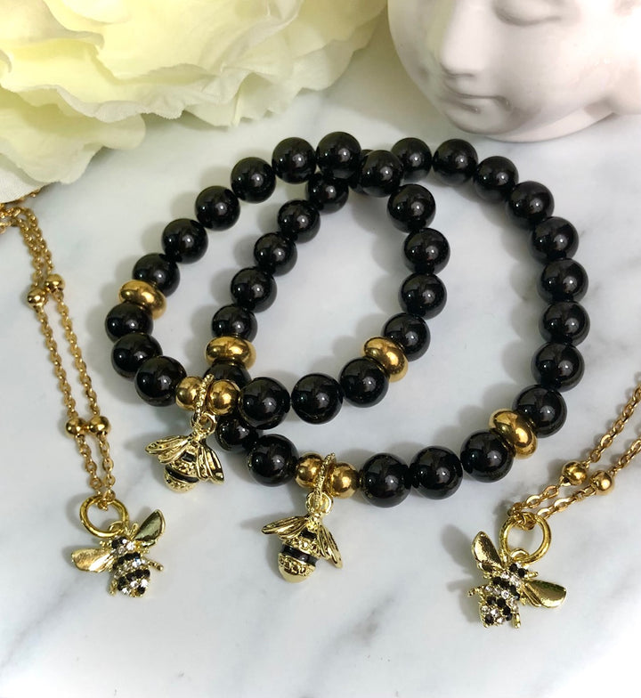 'QUEEN BEE & HER MINI-ME' - Pavé Gold Necklace and Onyx Bracelet Set- Mom & Me Set- Stainless Steel Satellite Chain - Set Options Available