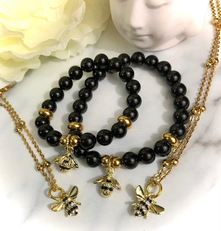 'QUEEN BEE & HER MINI-ME' - Pavé Gold Necklace and Onyx Bracelet Set- Mom & Me Set- Stainless Steel Satellite Chain - Set Options Available