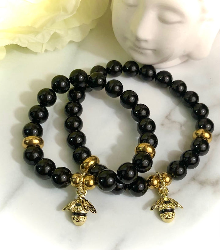 'QUEEN BEE & HER MINI-ME' - Pavé Gold Necklace and Onyx Bracelet Set- Mom & Me Set- Stainless Steel Satellite Chain - Set Options Available