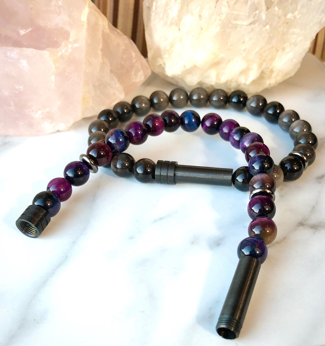 "Private Intention' Bracelet- GUNMETAL/DARK GREY- Unisex Stainless Steel Gemstone Bracelet- Capsule-Screw-top Closure- Choice of Gemstone