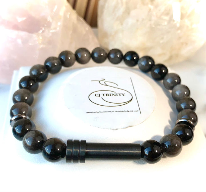 "Private Intention' Bracelet- GUNMETAL/DARK GREY- Unisex Stainless Steel Gemstone Bracelet- Capsule-Screw-top Closure- Choice of Gemstone