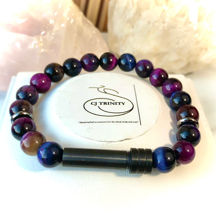 "Private Intention' Bracelet- GUNMETAL/DARK GREY- Unisex Stainless Steel Gemstone Bracelet- Capsule-Screw-top Closure- Choice of Gemstone