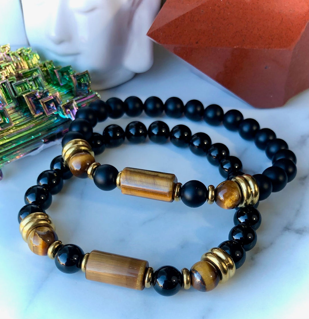 'Protection, Empowerment & Good Fortune' - Unisex Onyx & Tiger's Eye Gemstone Barrel Bracelet - Choice of Style