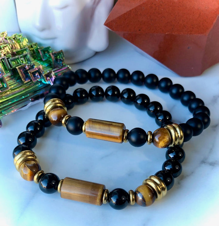'Protection, Empowerment & Good Fortune' - Unisex Onyx & Tiger's Eye Gemstone Barrel Bracelet - Choice of Style