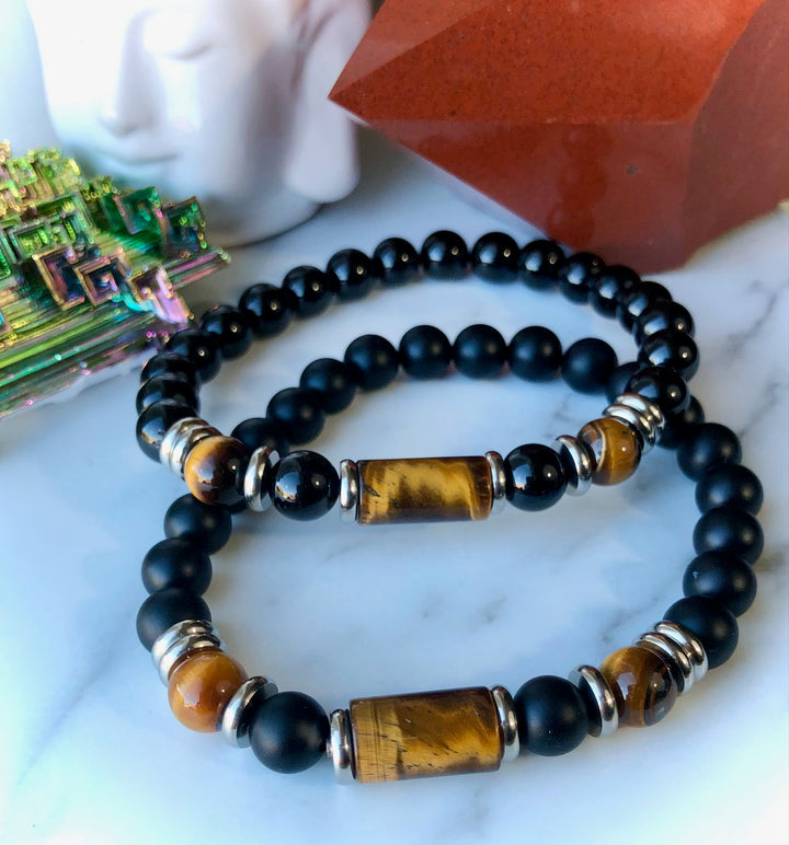 'Protection, Empowerment & Good Fortune' - Unisex Onyx & Tiger's Eye Gemstone Barrel Bracelet - Choice of Style
