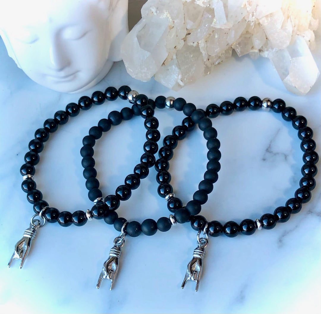 MANO-Black Tourmaline- Mano Cornuto Charm-Stainless Steel-Protection Bracelet-Italian Amulet Bracelet-Choice of Polished or Matte