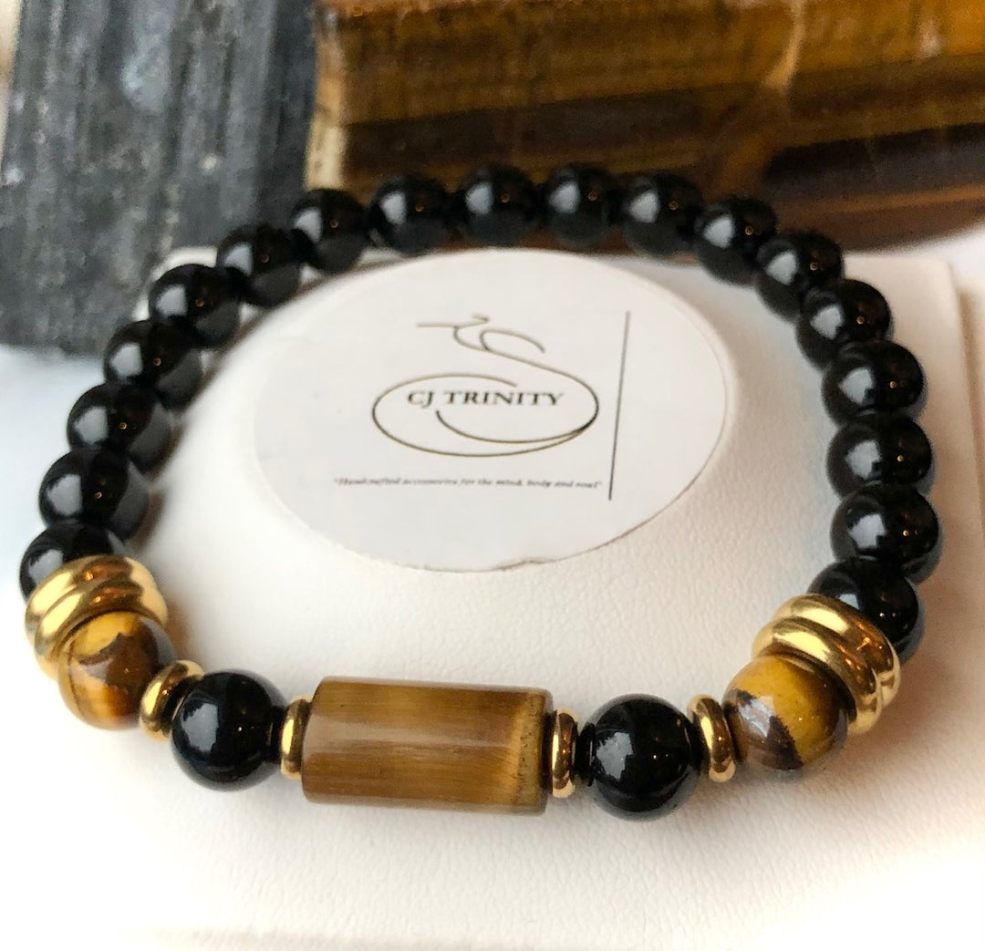 'Protection, Empowerment & Good Fortune' - Unisex Onyx & Tiger's Eye Gemstone Barrel Bracelet - Choice of Style