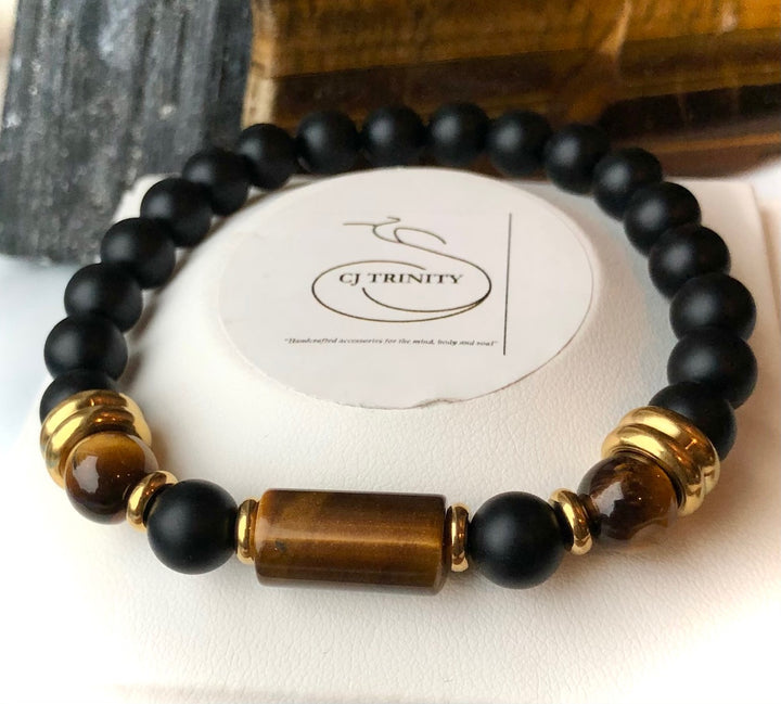 'Protection, Empowerment & Good Fortune' - Unisex Onyx & Tiger's Eye Gemstone Barrel Bracelet - Choice of Style
