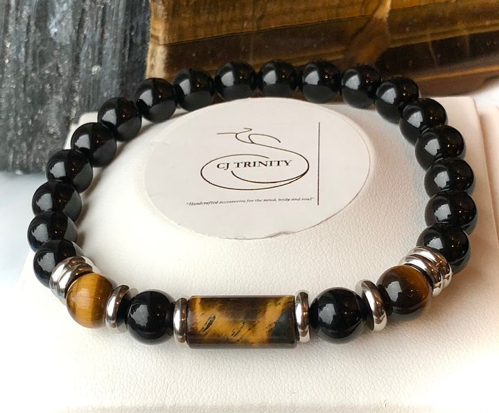 'Protection, Empowerment & Good Fortune' - Unisex Onyx & Tiger's Eye Gemstone Barrel Bracelet - Choice of Style
