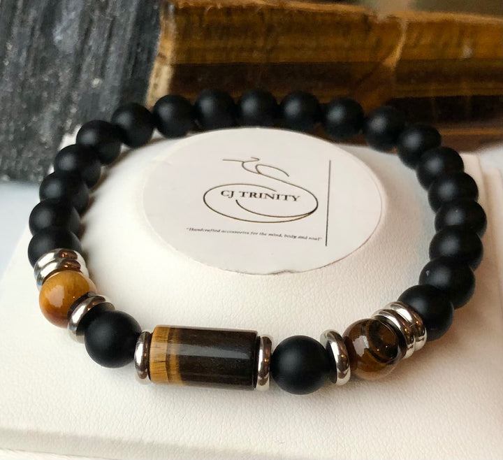 'Protection, Empowerment & Good Fortune' - Unisex Onyx & Tiger's Eye Gemstone Barrel Bracelet - Choice of Style