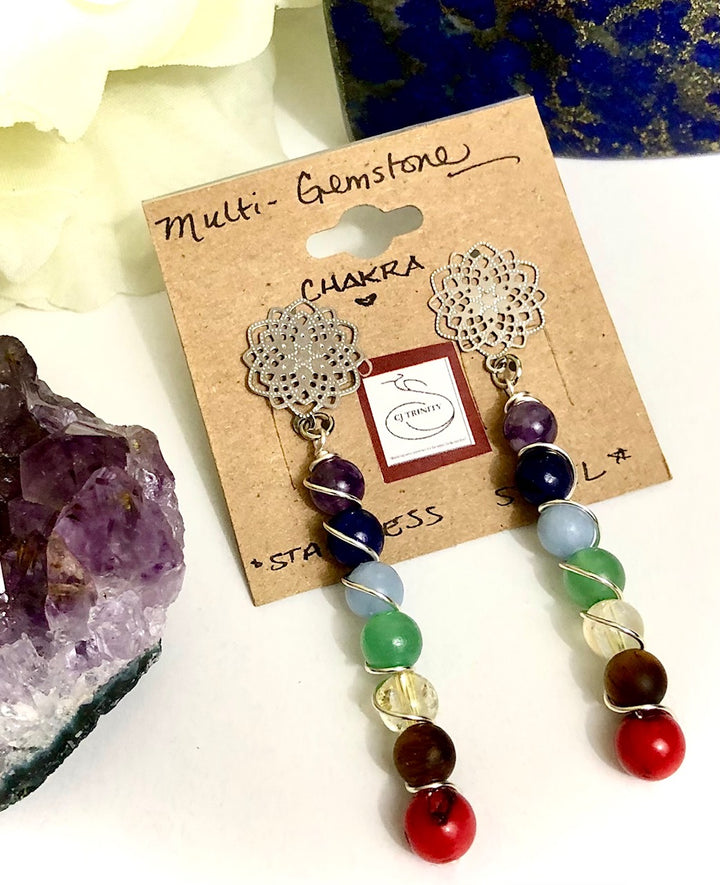CHAKRA Earrings - Multi- Gemstone Earrings-Stainless Steel Earrings - Butterfly Backing - Hooks - Choice of 2 Styles