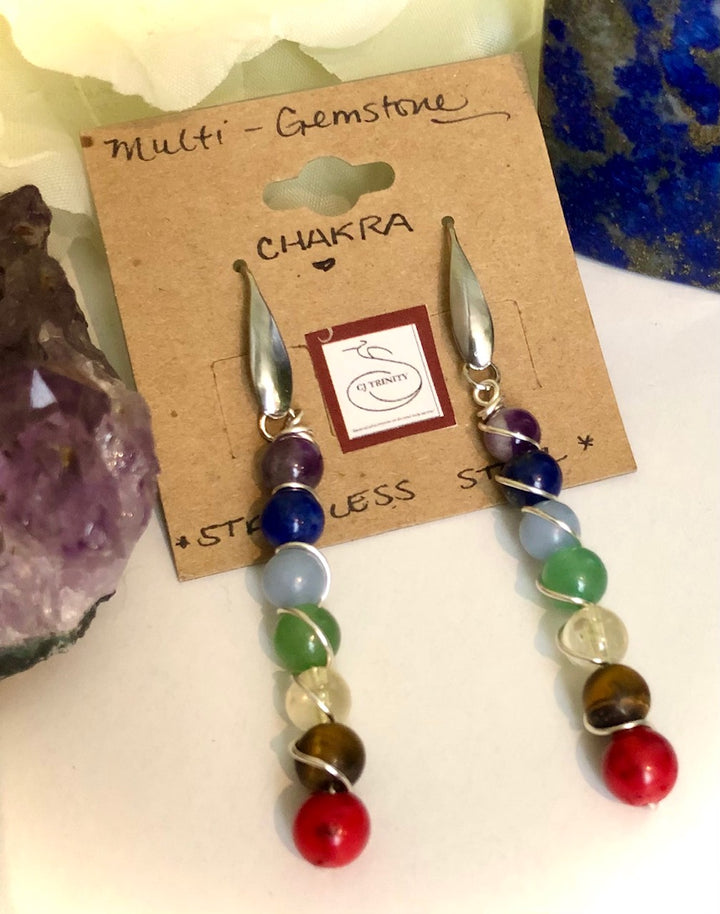CHAKRA Earrings - Multi- Gemstone Earrings-Stainless Steel Earrings - Butterfly Backing - Hooks - Choice of 2 Styles