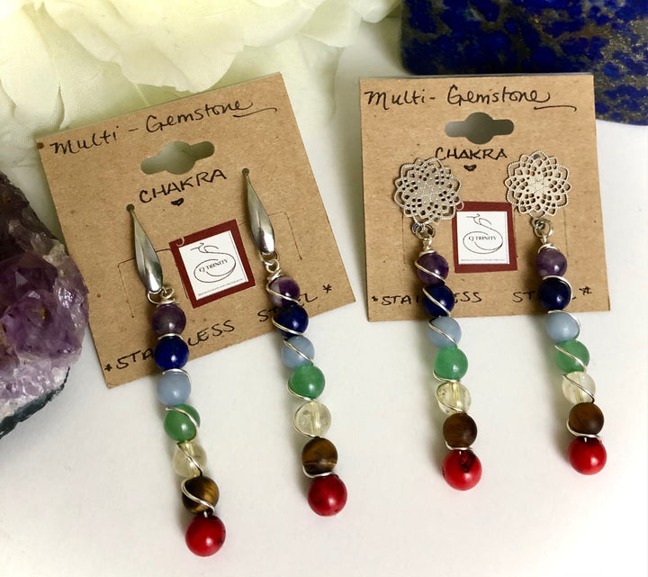 CHAKRA Earrings - Multi- Gemstone Earrings-Stainless Steel Earrings - Butterfly Backing - Hooks - Choice of 2 Styles