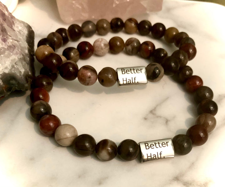 'Better Half' - Matching Gemstone Bracelet Set- Couples Bracelets-Valentines Day Set- Gemstone & Stainless Steel - Choice of Gemstone