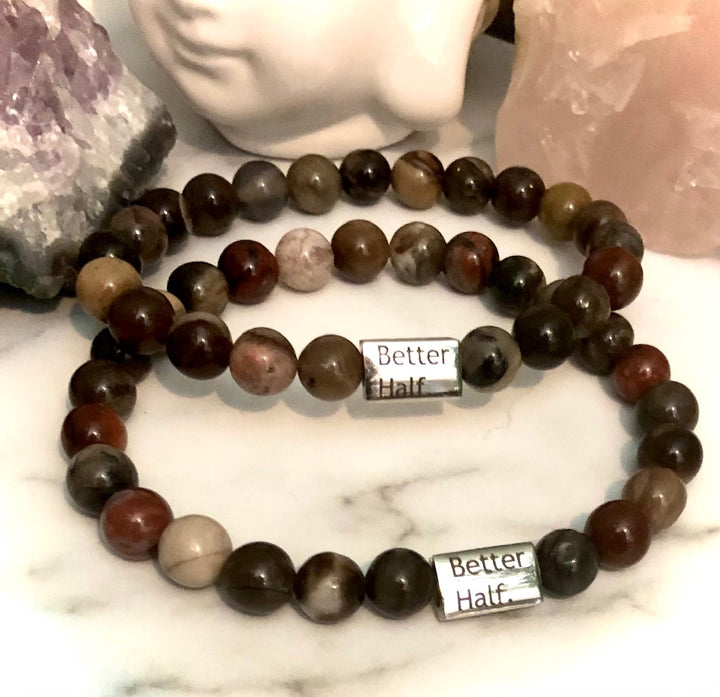 'Better Half' - Matching Gemstone Bracelet Set- Couples Bracelets-Valentines Day Set- Gemstone & Stainless Steel - Choice of Gemstone