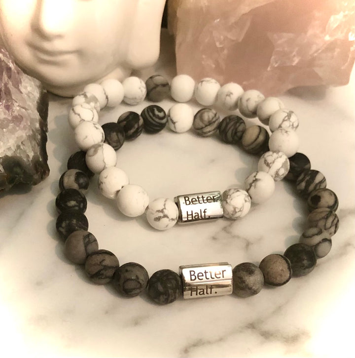 'Better Half' - Matching Gemstone Bracelet Set- Couples Bracelets-Valentines Day Set- Gemstone & Stainless Steel - Choice of Gemstone