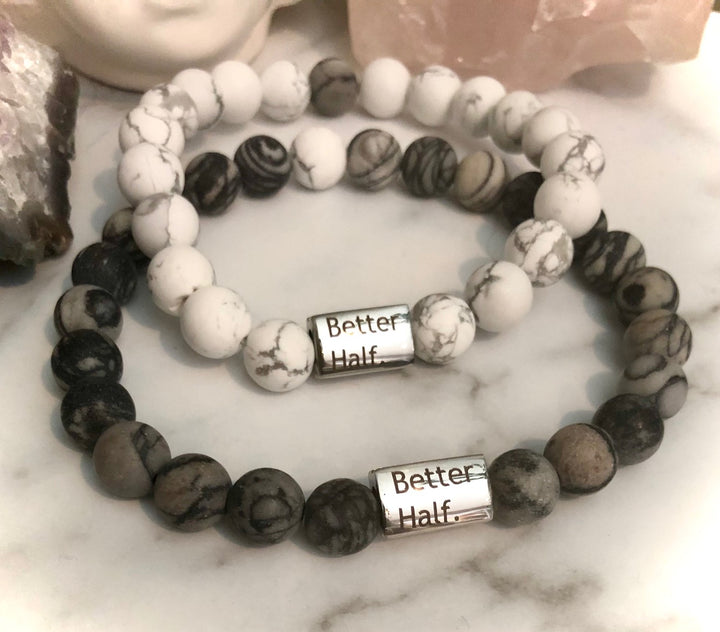 'Better Half' - Matching Gemstone Bracelet Set- Couples Bracelets-Valentines Day Set- Gemstone & Stainless Steel - Choice of Gemstone
