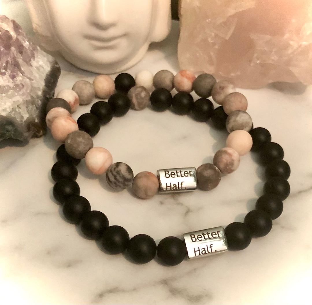 'Better Half' - Matching Gemstone Bracelet Set- Couples Bracelets-Valentines Day Set- Gemstone & Stainless Steel - Choice of Gemstone