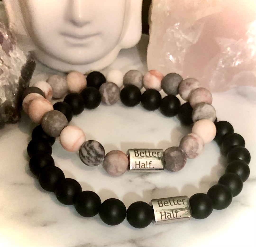 'Better Half' - Matching Gemstone Bracelet Set- Couples Bracelets-Valentines Day Set- Gemstone & Stainless Steel - Choice of Gemstone