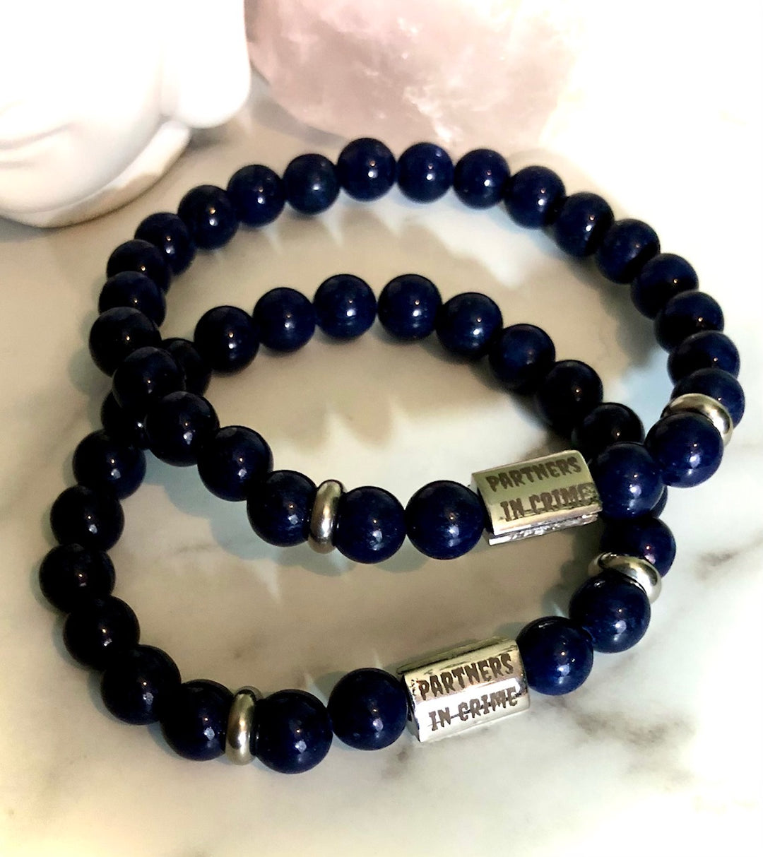 'Partners in Crime' - Silver Stainless Steel- Matching Bracelet Set- Couples Bracelets-Best Friends Bracelets- Valentines Day-Choice of Gemstone