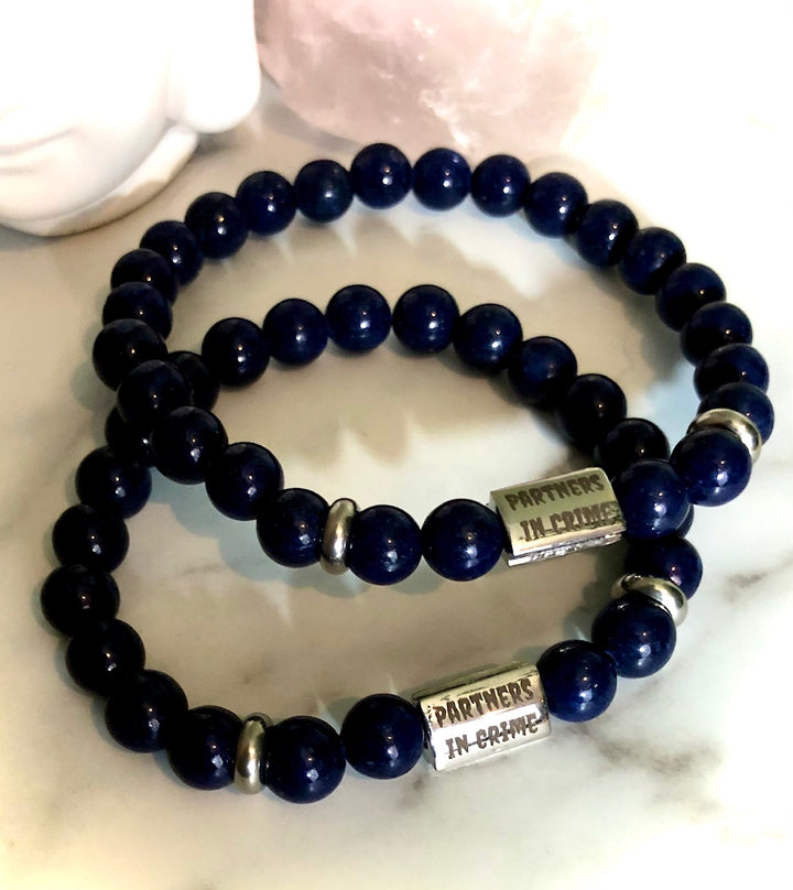 'Partners in Crime' - Silver Stainless Steel- Matching Bracelet Set- Couples Bracelets-Best Friends Bracelets- Valentines Day-Choice of Gemstone