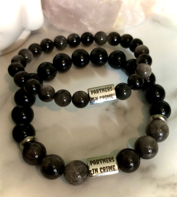 'Partners in Crime' - Silver Stainless Steel- Matching Bracelet Set- Couples Bracelets-Best Friends Bracelets- Valentines Day-Choice of Gemstone