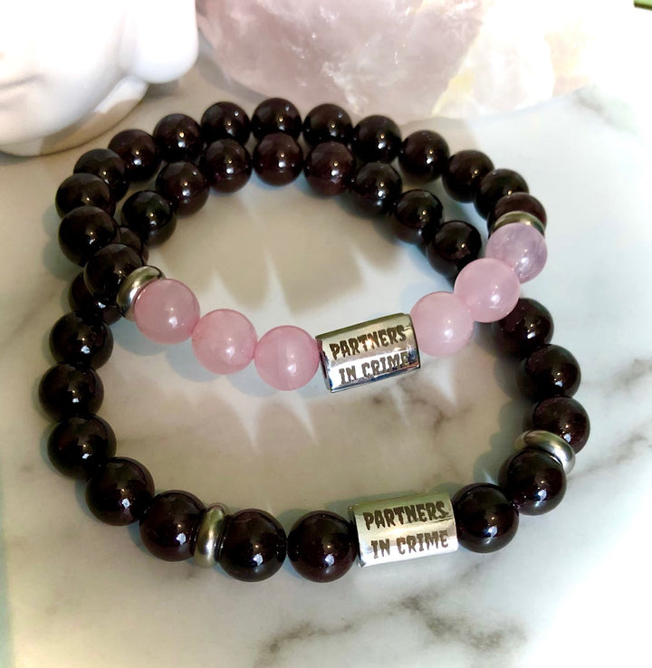 'Partners in Crime' - Silver Stainless Steel- Matching Bracelet Set- Couples Bracelets-Best Friends Bracelets- Valentines Day-Choice of Gemstone