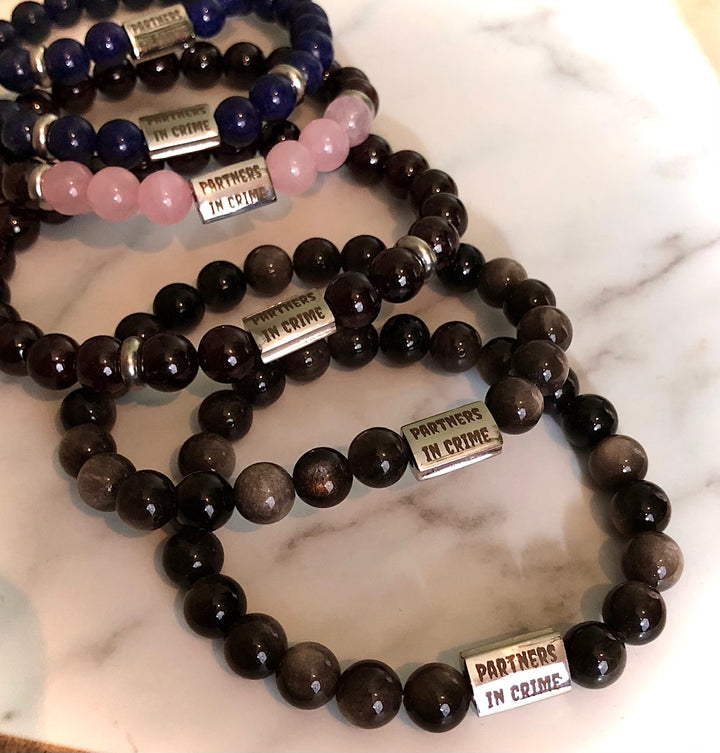 'Partners in Crime' - Silver Stainless Steel- Matching Bracelet Set- Couples Bracelets-Best Friends Bracelets- Valentines Day-Choice of Gemstone