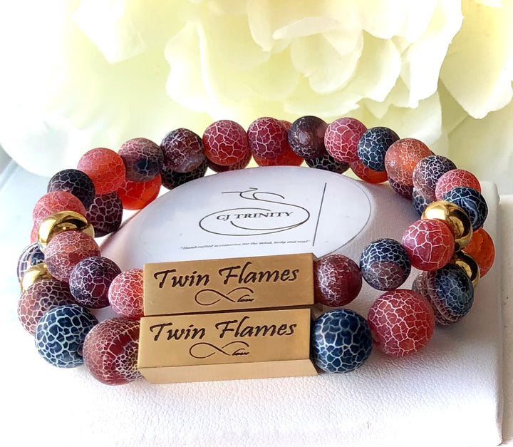 'TWIN FLAMES' - Red & Black Multi-tone -Crackle Fire Agate- Bracelet Set- Valentines Day-Couples Bracelets- Choice of Accent Color