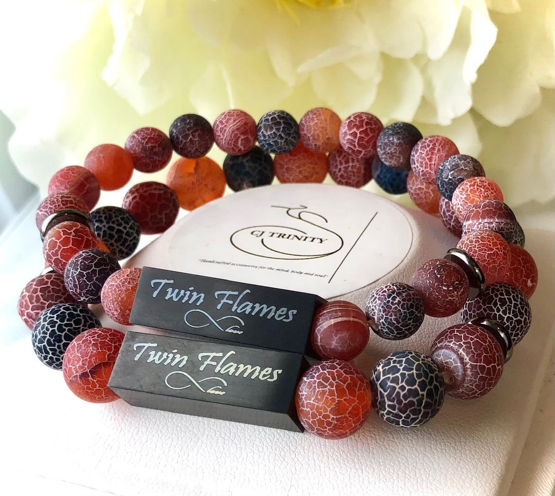 'TWIN FLAMES' - Red & Black Multi-tone -Crackle Fire Agate- Bracelet Set- Valentines Day-Couples Bracelets- Choice of Accent Color