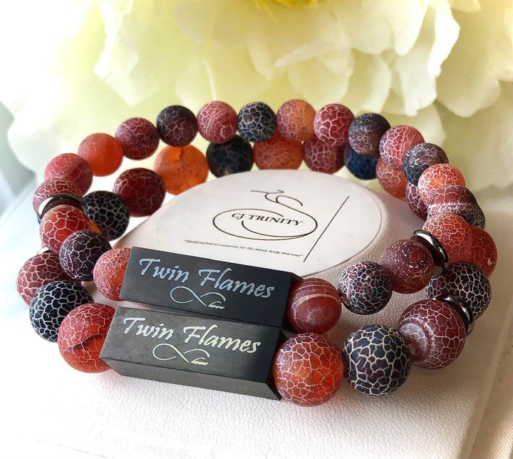 'TWIN FLAMES' - Red & Black Multi-tone -Crackle Fire Agate- Bracelet Set- Valentines Day-Couples Bracelets- Choice of Accent Color