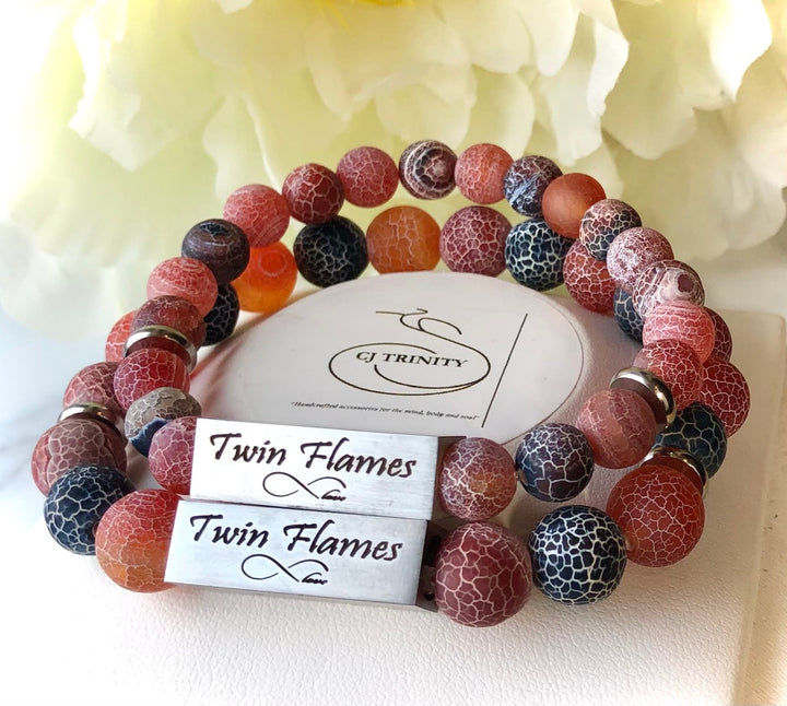 'TWIN FLAMES' - Red & Black Multi-tone -Crackle Fire Agate- Bracelet Set- Valentines Day-Couples Bracelets- Choice of Accent Color