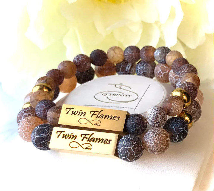 'TWIN FLAMES' - Brown & Beige Multi-tone Crackle Fire Agate- Bracelet Set- Valentines Day- Couples Bracelets- Choice of Color