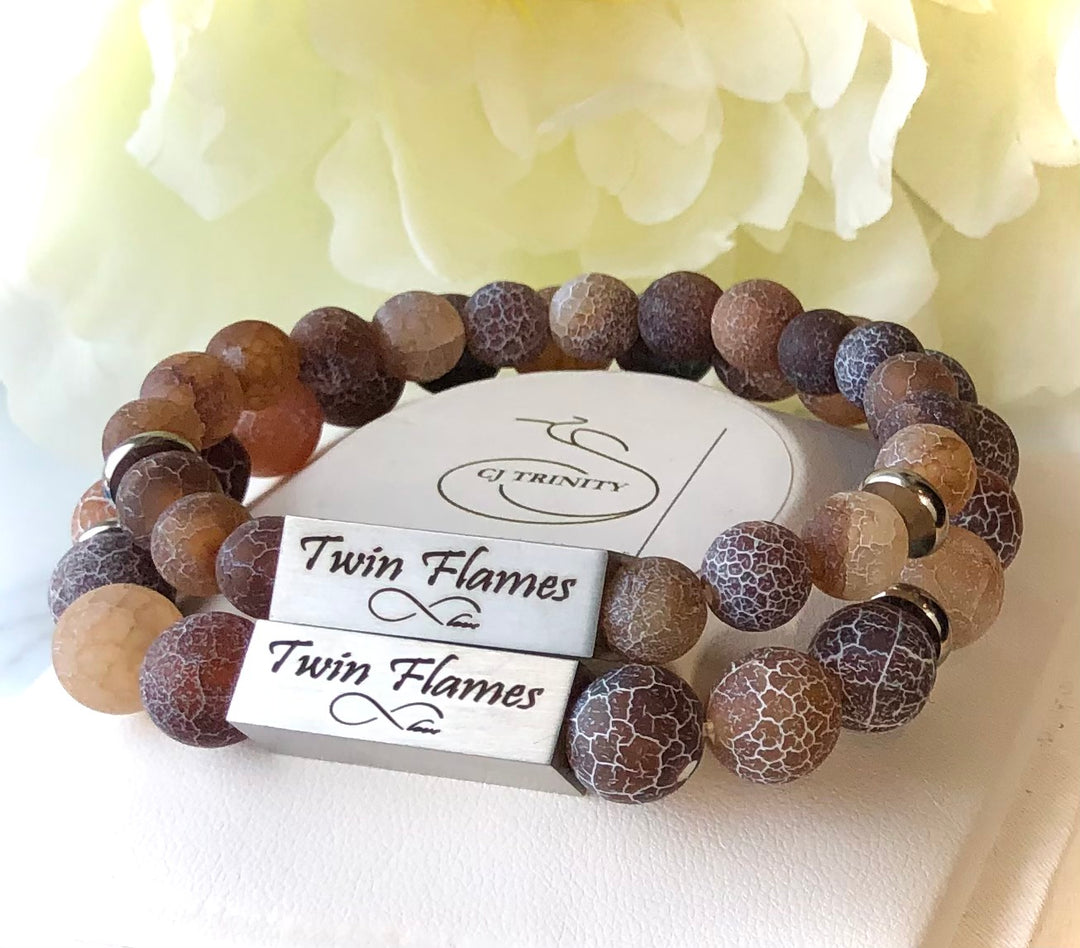 'TWIN FLAMES' - Brown & Beige Multi-tone Crackle Fire Agate- Bracelet Set- Valentines Day- Couples Bracelets- Choice of Color