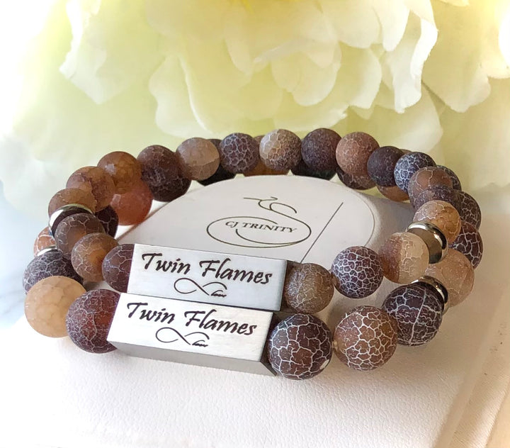 'TWIN FLAMES' - Brown & Beige Multi-tone Crackle Fire Agate- Bracelet Set- Valentines Day- Couples Bracelets- Choice of Color