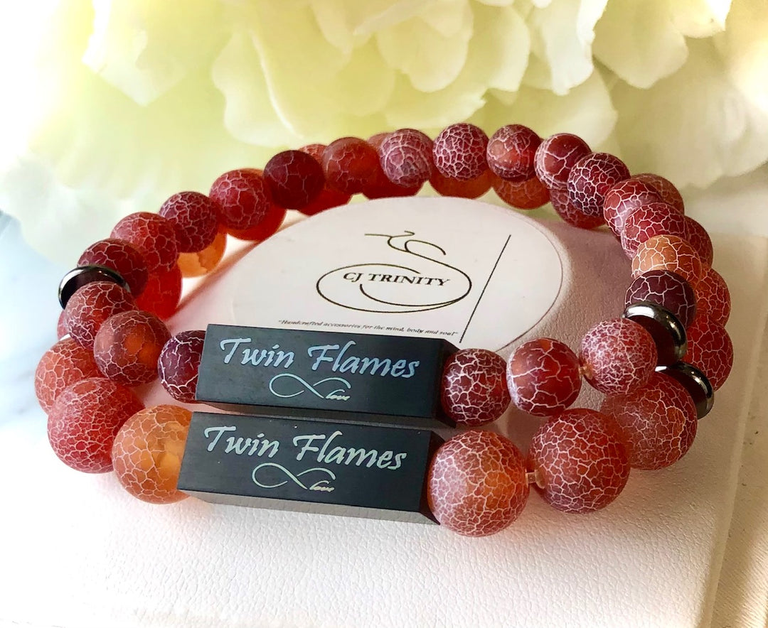 'TWIN FLAMES'- Red Crackle Fire Agate Bracelet Set-Valentines Day-Couples Bracelets-Choice of Color